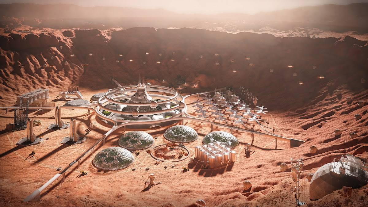 Terminus colony — domed habitats and central hub in a Mars crater